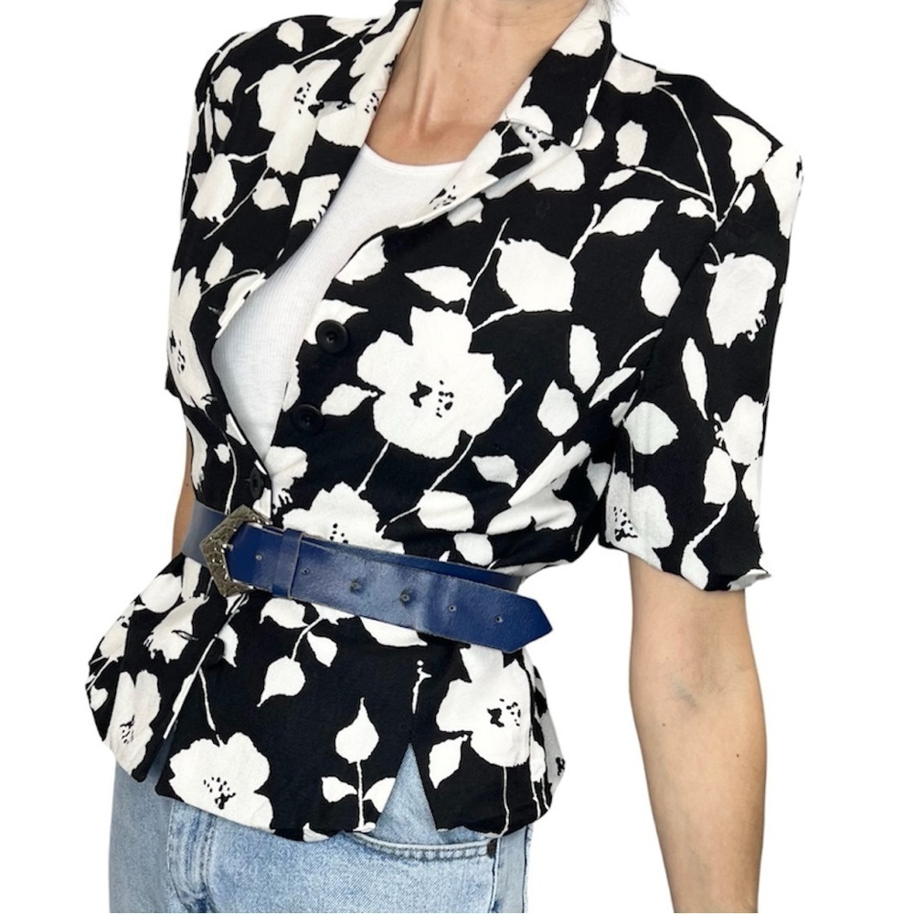 Vintage D Oraz black white floral short sleeve jacket blazer 8